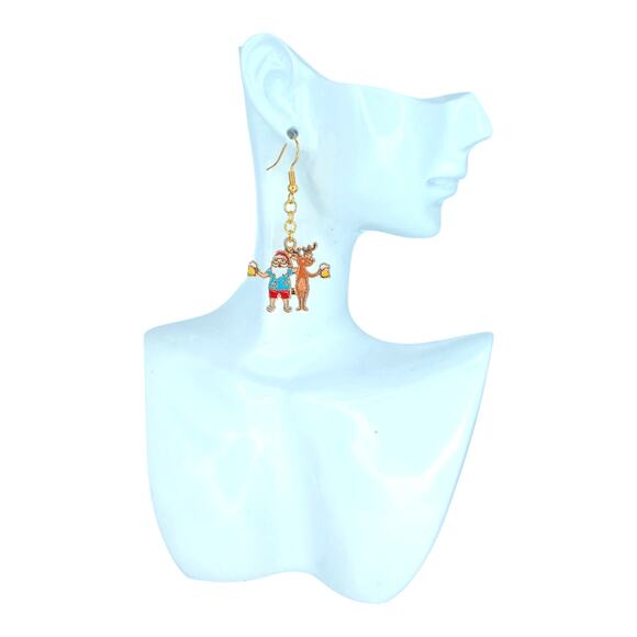 Santa and reindeer cheers dangle earrings holiday Christmas jewelry - Picture 5 of 5